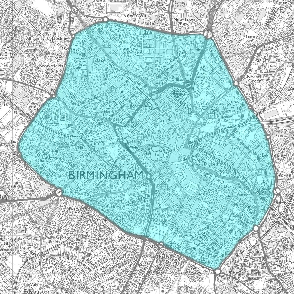 Map of the new Clean Air Zone in Birmingham being introduced on 1st June 2021