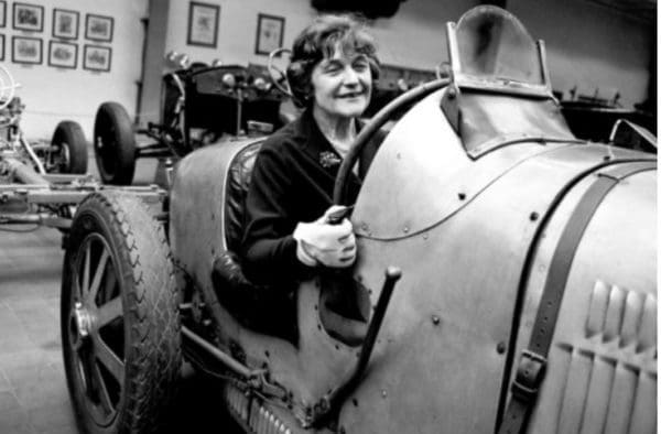 Eliska Junkov├í in 1970 in one of her Bugatti racing cars at the National Technical Museum