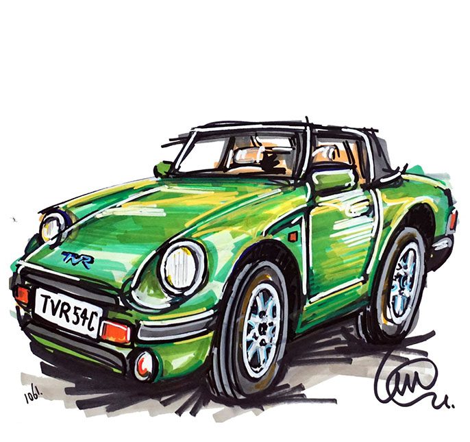 Classic vehicle insurance TVR Cooper Green customer vehicle drawn by Ian Cook POPBANGCOLOUR