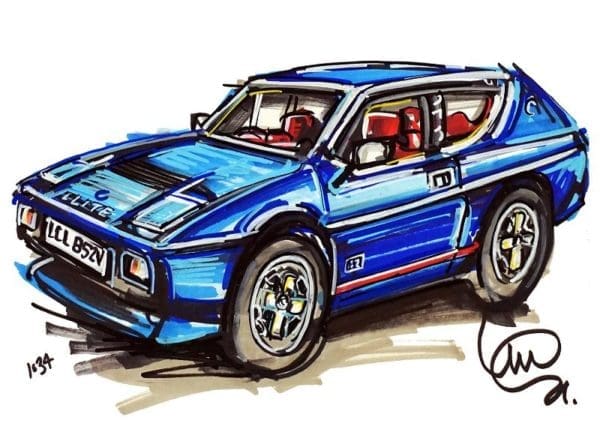 Ian Cook drawing of a classic blue Lotus Elite