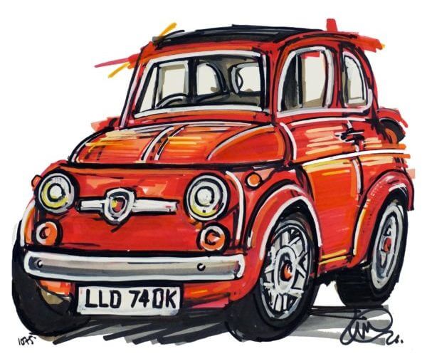 Ian Cook's drawing of Thomas Montagu's red replica Abarth 695