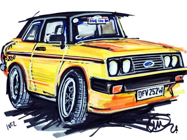 Yellow Ford MKII RS 2000 drawing by Ian Cook @POPBANGCOLOUR