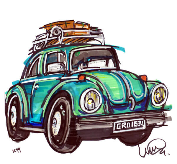 Ian Cook's drawing of Kerry Davies' VW metallic green Super Beetle