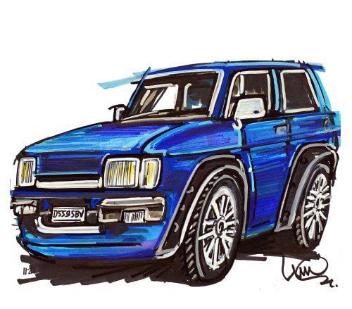 Blue Ford Fiesta MKII drawn by Ian Cook
