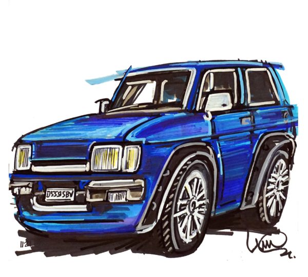 Blue Ford Fiesta MKII drawing by Ian Cook @POPBANGCOLOUR