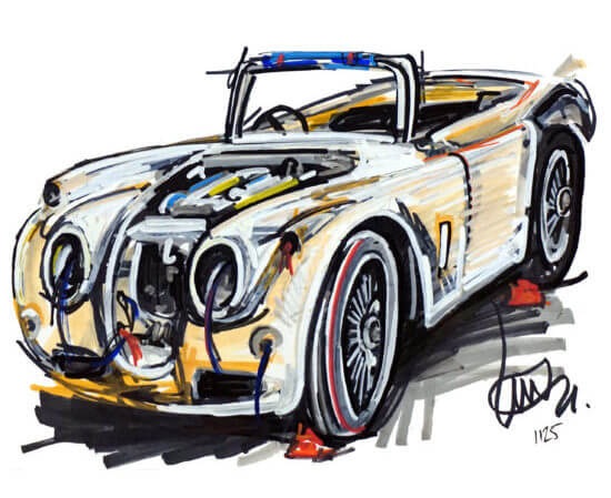Ian Cook's drawing of Graham Cutts' white Jaguar XK150S
