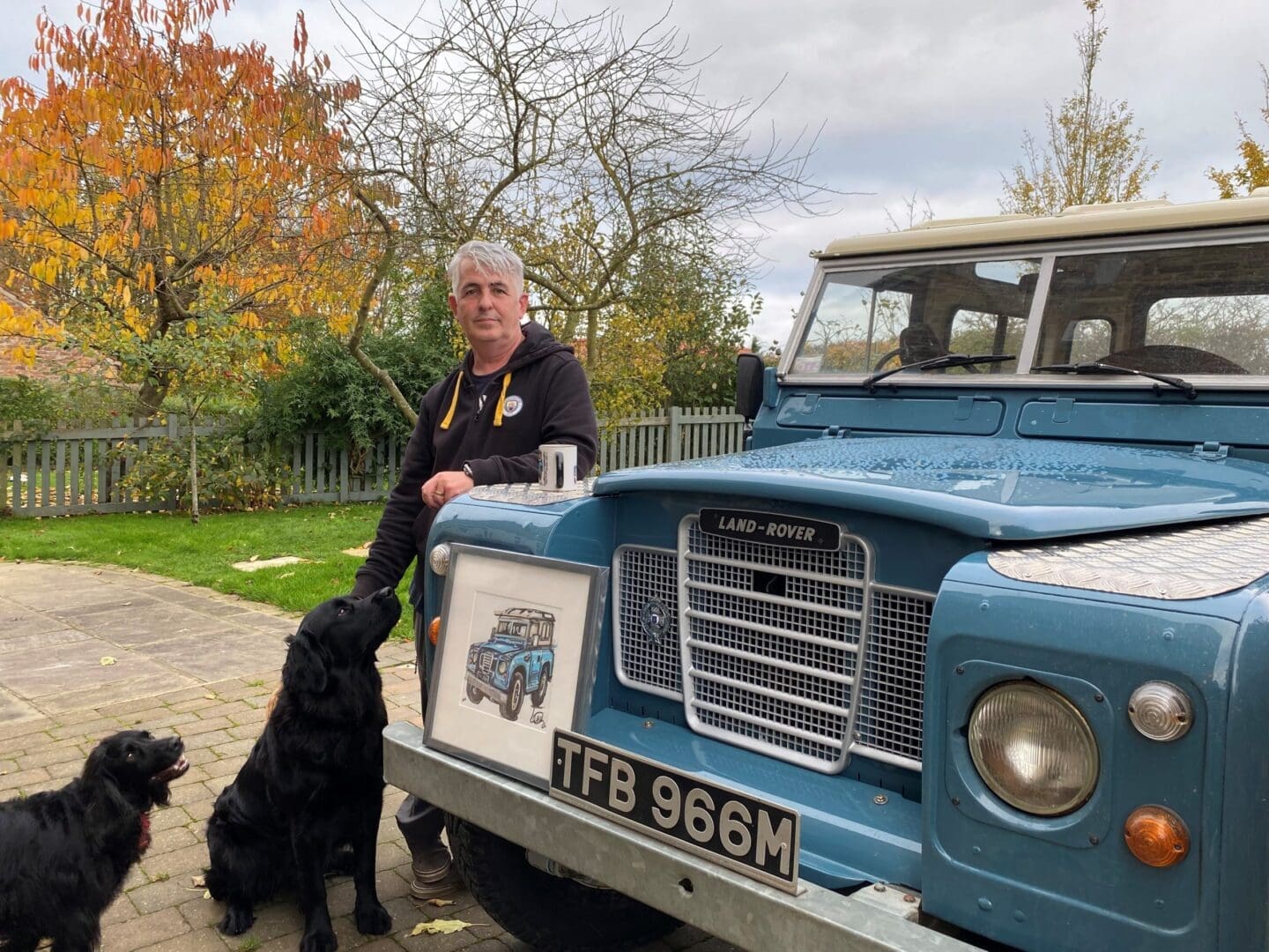 Enda McKenna with his Land Rover Series III and drawing of his car by POPBANGCOLOUR