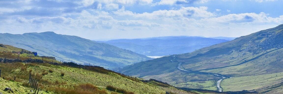 Lake District view Hardknott to Wrynose Pass driving route banner