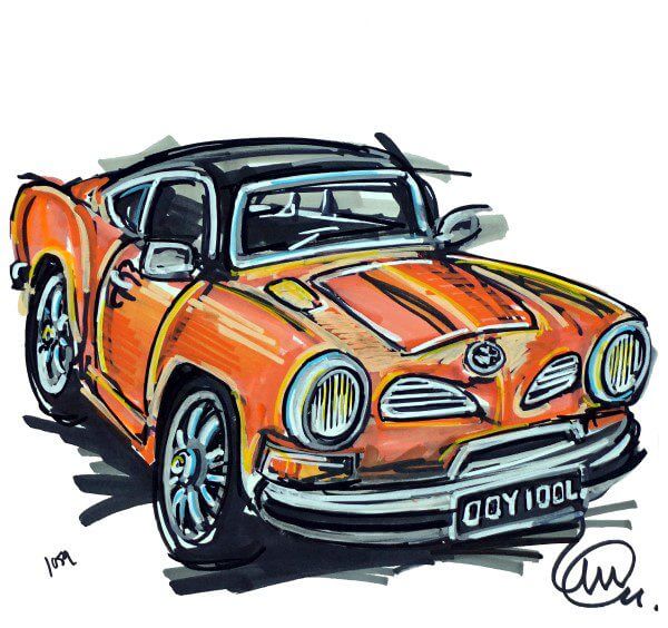 Orange VW Karmann Ghia drawn by Ian Cook 