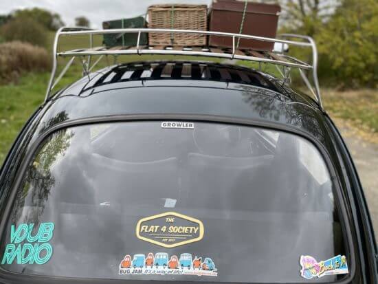 Stickers on top of the VW Super Beetle