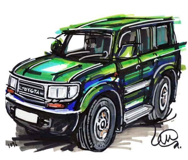 Ian Cook's drawing of a green Toyota Land Cruiser