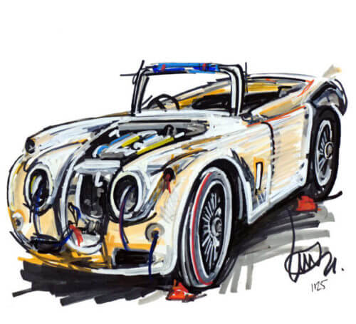 Ian Cook's drawing of white Jaguar XK 150S