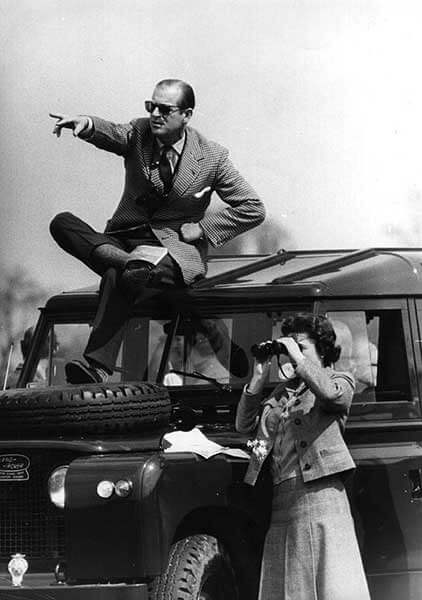 Prince Philip and Queen Elizabeth II with a Land Rover Series 2A on a tour in the 1970s.