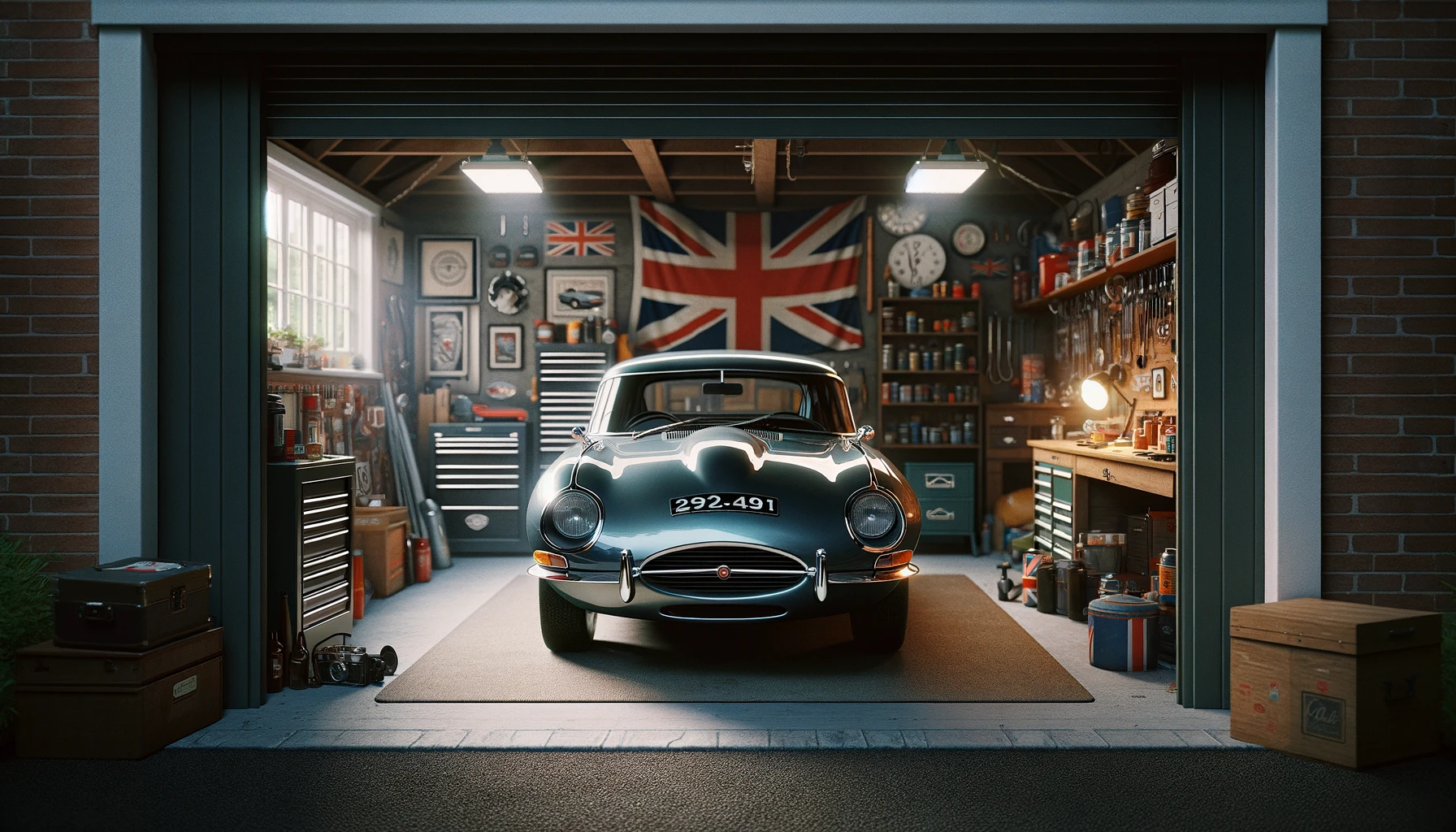 A classic car inside a secure garage.
