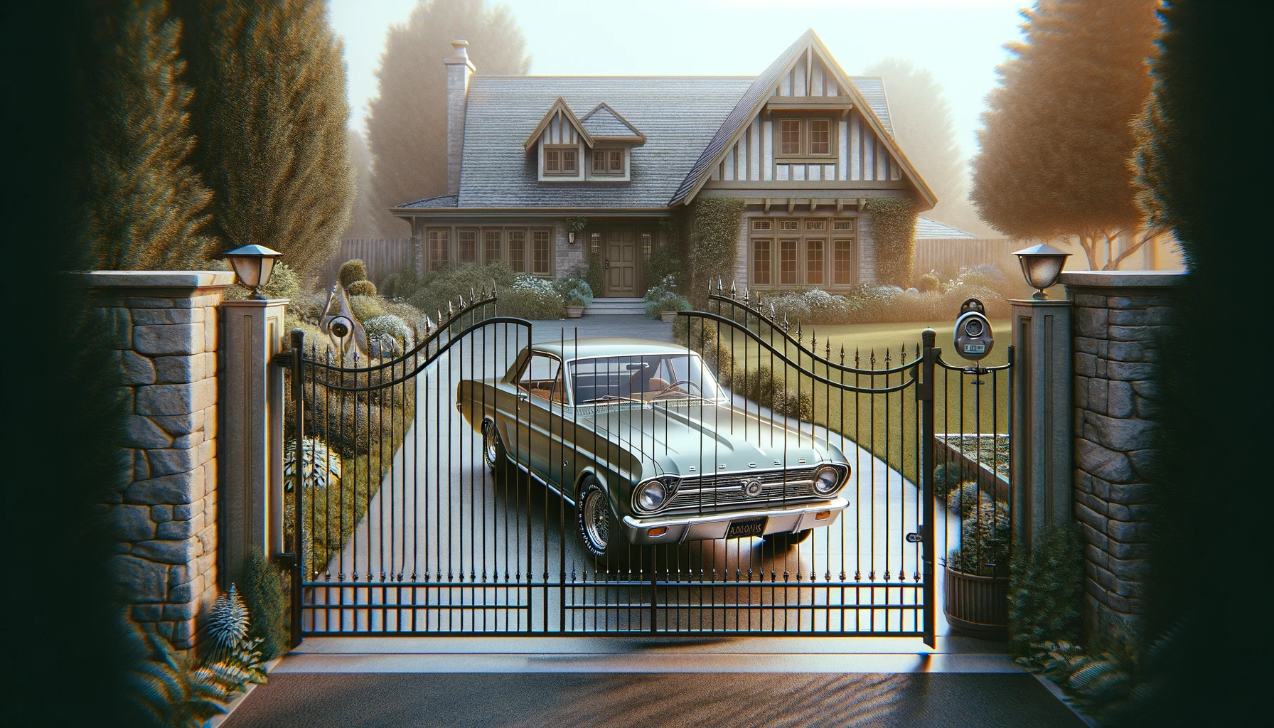 A classic car protected with a gated driveway.
