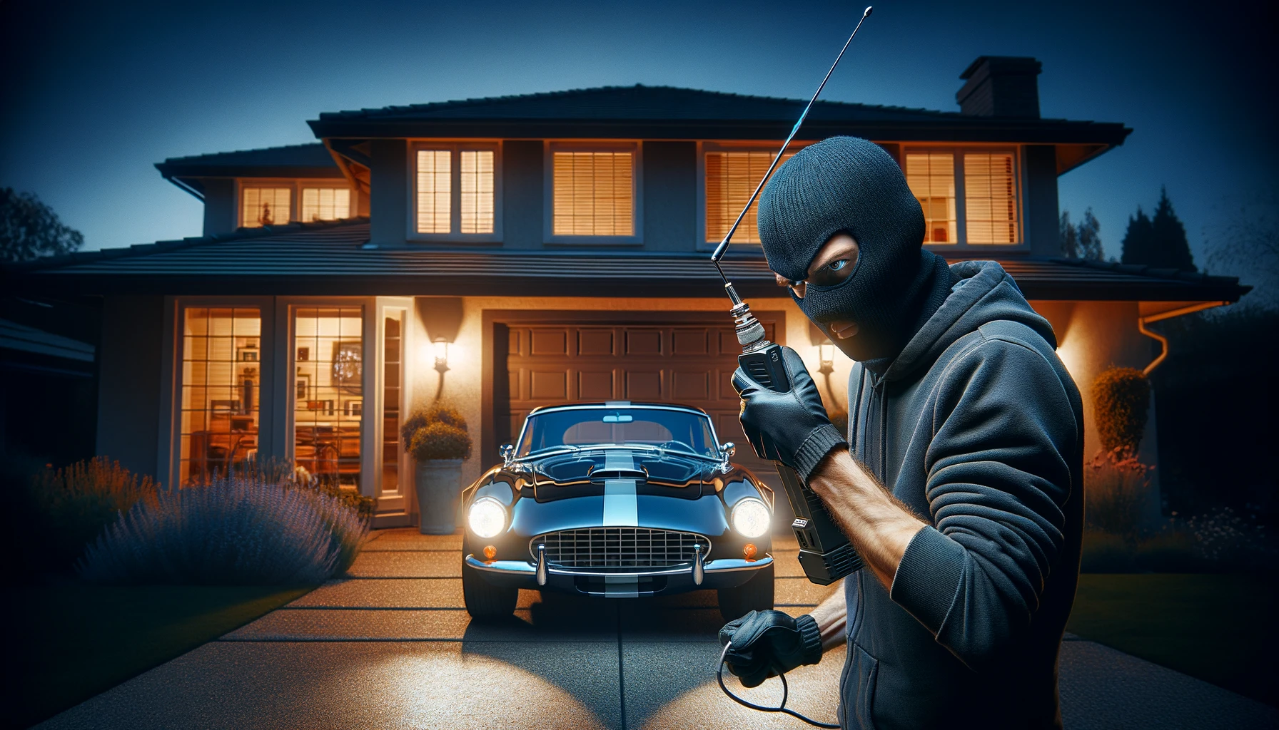 A thief using an antenna to attempt to steal a car. A signal blocking device is preventing it.