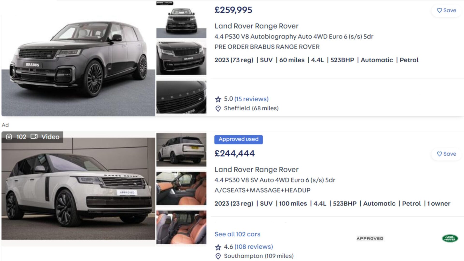 A screenshot from Autotrader showing the prices of Range Rovers.